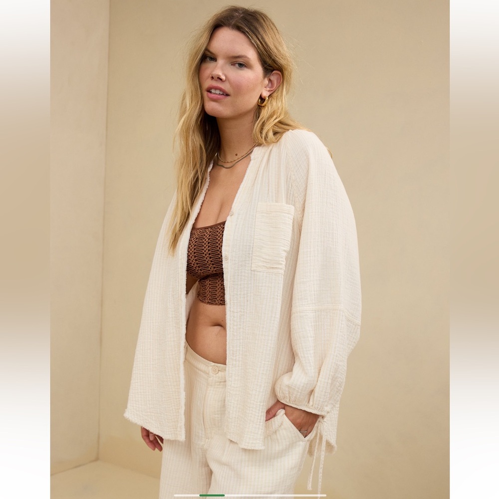 Aerie oversized botton down shirt yellow stripe lightweight boho top